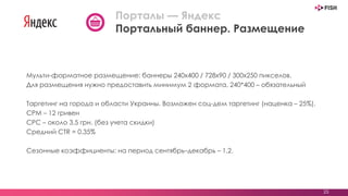 Мульти-форматное размещение: баннеры 240х400 / 728х90 / 300х250 пикселов.
Для размещения нужно предоставить минимум 2 формата, 240*400 – обязательный
Таргетинг на города и области Украины. Возможен соц-дем таргетинг (наценка – 25%).
CPM – 12 гривен
СРС – около 3,5 грн. (без учета скидки)
Средний СTR = 0.35%
Сезонные коэффициенты: на период сентябрь–декабрь – 1,2.
25
Порталы — Яндекс
Портальный баннер. Размещение
 