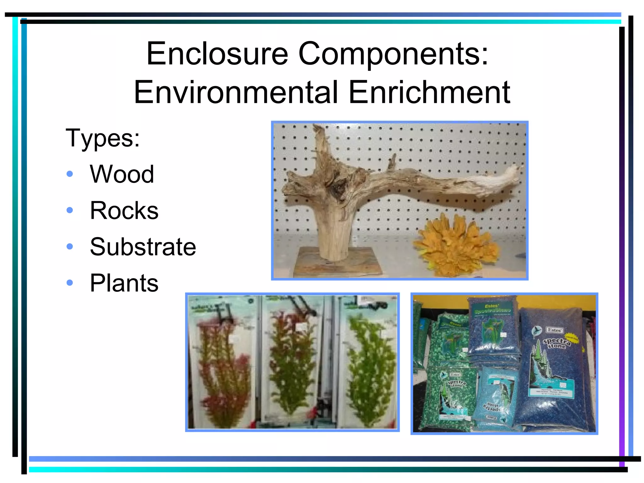 Enclosure Components:
Environmental Enrichment
Types:
• Wood
• Rocks
• Substrate
• Plants
 