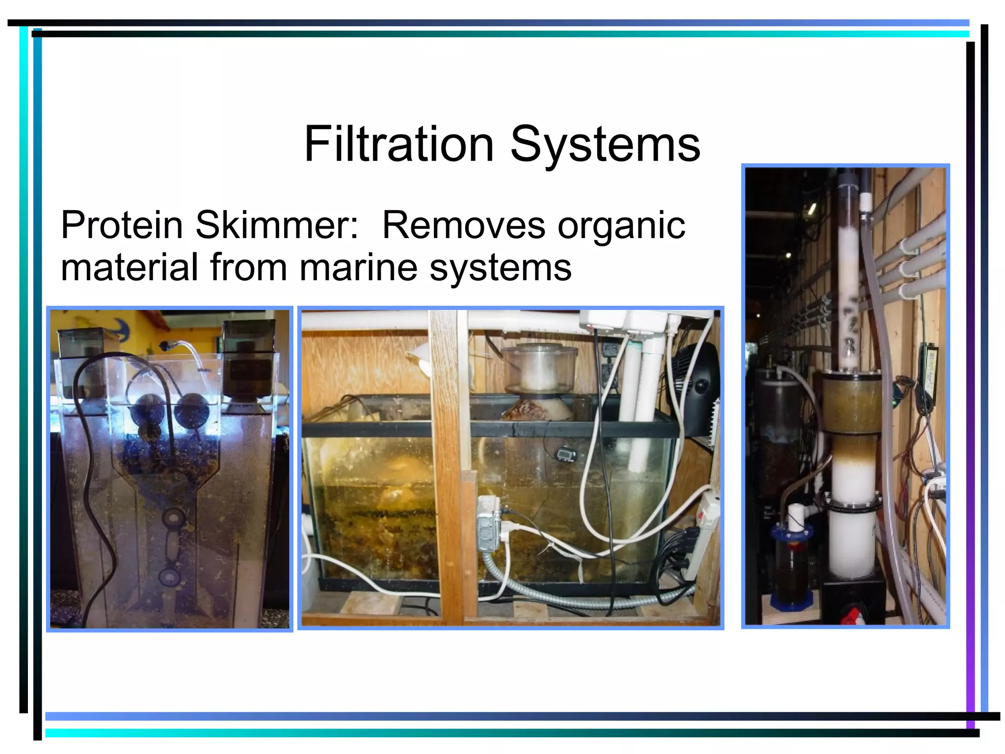 Filtration Systems
Protein Skimmer: Removes organic
material from marine systems
 