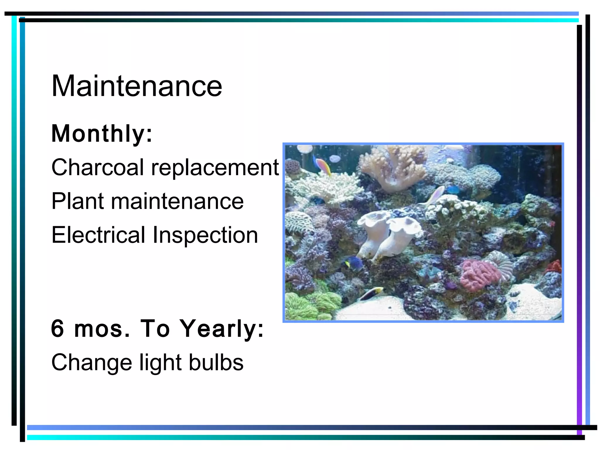Maintenance
Monthly:
Charcoal replacement
Plant maintenance
Electrical Inspection
6 mos. To Yearly:
Change light bulbs
 