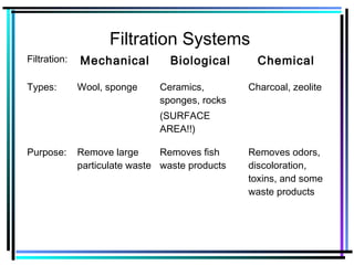 Filtration Systems
Filtration: Mechanical Biological Chemical
Types: Wool, sponge Ceramics,
sponges, rocks
(SURFACE
AREA!!)
Charcoal, zeolite
Purpose: Remove large
particulate waste
Removes fish
waste products
Removes odors,
discoloration,
toxins, and some
waste products
 