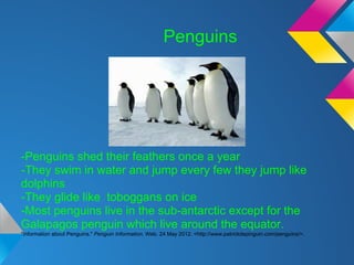 Penguins




-Penguins shed their feathers once a year
-They swim in water and jump every few they jump like
dolphins
-They glide like toboggans on ice
-Most penguins live in the sub-antarctic except for the
Galapagos penguin which live around the equator.
"Information about Penguins." Penguin Information. Web. 24 May 2012. <http://www.patrickdepinguin.com/penguins/>.
 