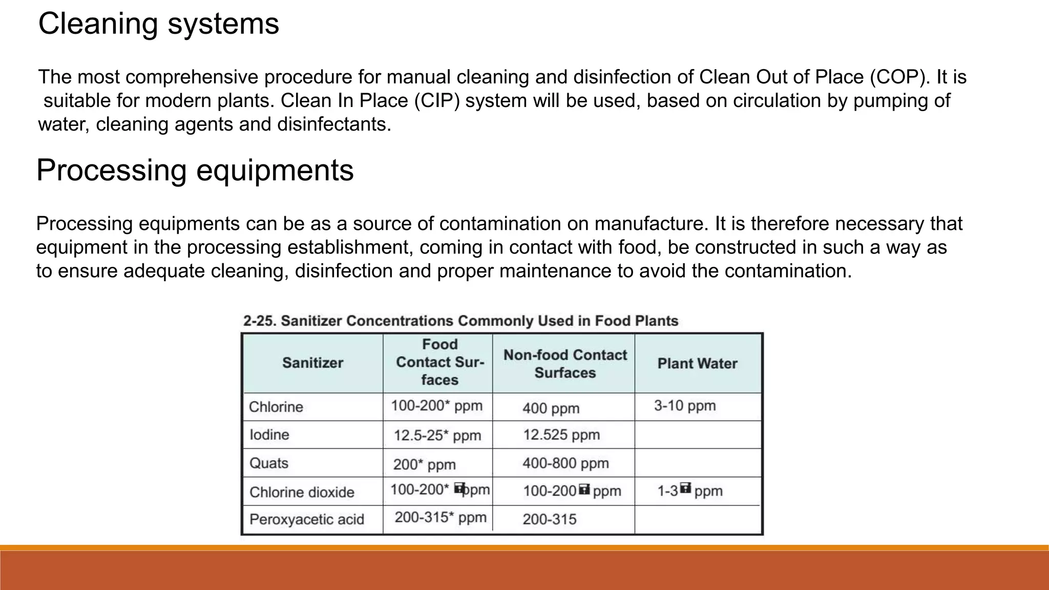 Cleaning systems
The most comprehensive procedure for manual cleaning and disinfection of Clean Out of Place (COP). It is
suitable for modern plants. Clean In Place (CIP) system will be used, based on circulation by pumping of
water, cleaning agents and disinfectants.
Processing equipments
Processing equipments can be as a source of contamination on manufacture. It is therefore necessary that
equipment in the processing establishment, coming in contact with food, be constructed in such a way as
to ensure adequate cleaning, disinfection and proper maintenance to avoid the contamination.
 