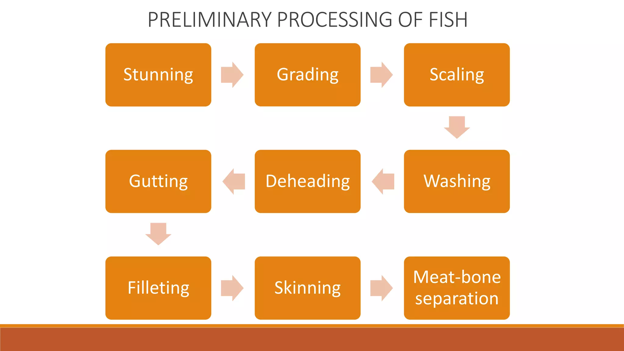 PRELIMINARY PROCESSING OF FISH
Stunning Grading Scaling
WashingDeheadingGutting
Filleting Skinning
Meat-bone
separation
 