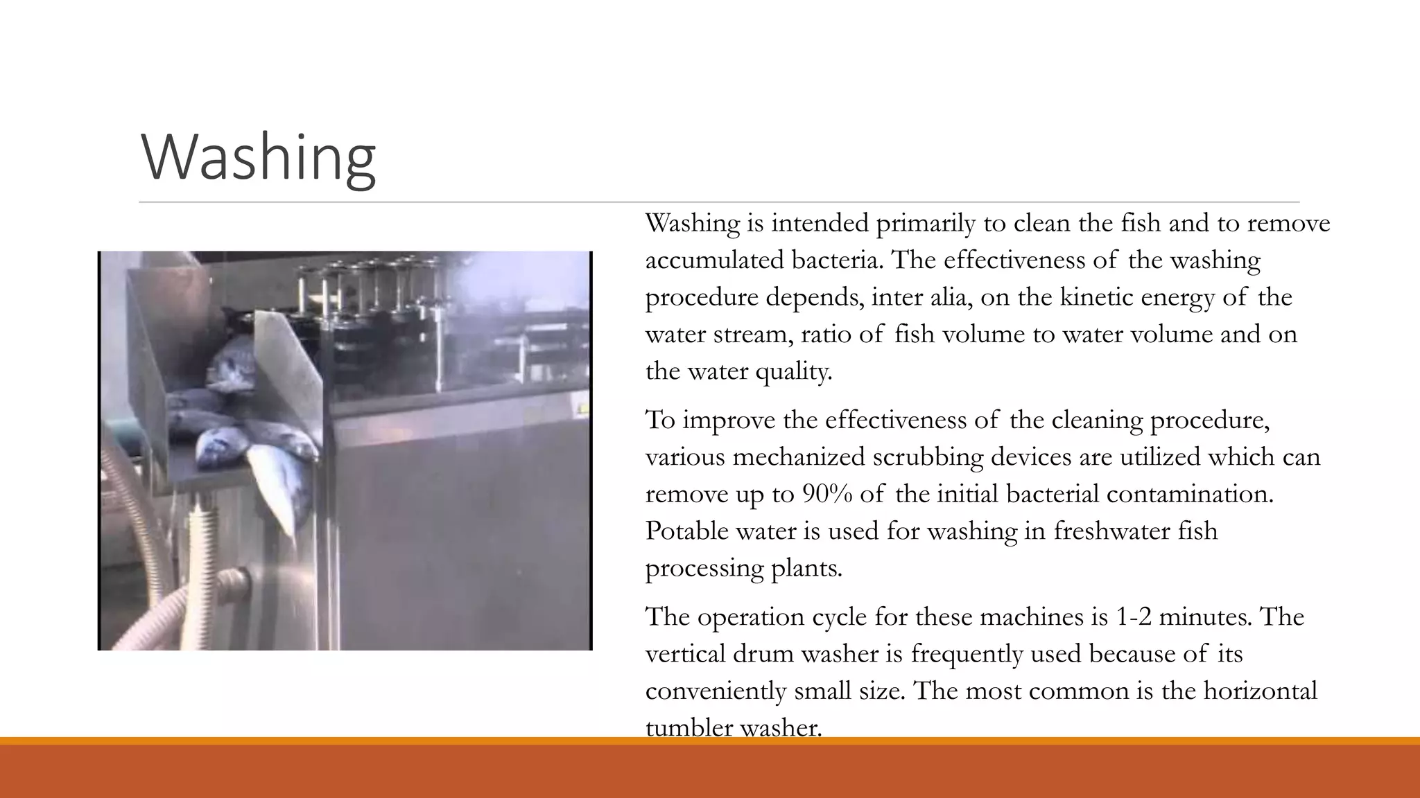 Washing
Washing is intended primarily to clean the fish and to remove
accumulated bacteria. The effectiveness of the washing
procedure depends, inter alia, on the kinetic energy of the
water stream, ratio of fish volume to water volume and on
the water quality.
To improve the effectiveness of the cleaning procedure,
various mechanized scrubbing devices are utilized which can
remove up to 90% of the initial bacterial contamination.
Potable water is used for washing in freshwater fish
processing plants.
The operation cycle for these machines is 1-2 minutes. The
vertical drum washer is frequently used because of its
conveniently small size. The most common is the horizontal
tumbler washer.
 