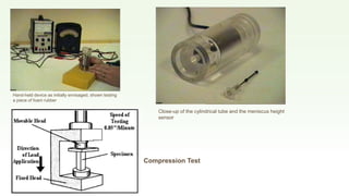 Hand-held device as initially envisaged, shown testing
a piece of foam rubber
Close-up of the cylindrical tube and the meniscus height
sensor
Compression Test
 