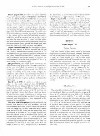 Kaiser & Spencer: Trawling increases food for fish




   Expt 1: August 1992. A wayline was fished off Dulas         the distribution of fish marks in the proximity of the
Bay, Anglesey (start of line 53'24.223' N, 04O08.419'W;        tracks (*1 mm, i.e. approximately 1 m of seabed).
end of line 53" 26.359' N, 04" 08.678' W). Tow duration          Expt 3: April 1994. A wayline was fished to the
for the first line was 30 min. The second and third lines      east of the previous sites (start of line 53'27.281' N,
had tow durations of 20 and 10 min respectively, such          04O02.125' W; end of line 53" 25.992' N, 04O01.990' W).
that the centre of the first line was fished 3 times. The      The wayline was fished a total of 8 times with an interval
wayline was trawled 3 more times after an interval of          of 2 h between the first and last 4 tows. Whiting were
3 h such that the fourth, fifth and sixth tows had dura-       collected from the entire catch of each tow. The total
tions of 10,20and 30 min respectively. We used tows of         length of each fish was measured and its stomach con-
different duration to examine the effects of time spent        tents identified on board ship. No measurements of prey
in the codend on the suvival of captured animals, a            dimensions or mouth width were taken on this occasion.
study which will be reported elsewhere. However, as
we used the same protocol to collect our fish before
and after fishing, the effects of tow duration should not                                RESULTS
affect our results. Thirty dogfish and 30 gurnard were
collected from hauls 1 to 3, and from hauls 4 to 6.                               Expt 1: August 1992
   Stomach contents analysis: To investigate whether                                 Dietary changes
the fish were feeding in the trawled areas, each of the
fish collected had its entire stomach preserved in 4 %            The total number of prey items eaten by gurnards
buffered formalin for later identification of contents to      significantly increased after beam trawling, but dog-
the lowest possible taxonomic level. Stomach fullness          fish did not increase their intake (Fig. 2) (gurnards,
was scored using a scale of 0 (empty) to 10 (full).The         x2 = 19.2, p < 0.001; dogfish, x2 = 2.09, p > 0.05). Con-
contents of each stomach were weighed wet (*0.01 g)            sequently, gurnards' stomach contents weight and full-
after blotting on absorbent paper.                             ness increased significantly, but no increase was
   Morphometrics: Total length (to the nearest cm) and         observed in dogfish (Table 1). Gurnards significantly
maximum mouth gape (*0.1 cm, across the articulation           increased their intake of Liocarcinus depurator (x2= 3.9,
of the jaws of dogfish and between the upper and               p < 0.05), Crangon spp. (x2 = 9.7, p < 0.005) and Am-
lower jaws of gurnards) of each fish were measured             pelisca spinipes   (x2= 29.5, p < 0.001) (Fig. 2). There
using a measuring board and vernier callipers re-              was no significant difference, before or after fishing, in
spectively. The widest cross-sectional dimension of            the numbers of individual prey species eaten by dog-
each prey item collected from stomach contents was             fish. However, Pandalus spp. and Crangon spp. only
measured using an eyepiece graticule and binocular             occurred in dogfish stomachs after the area had been
microscope.                                                    trawled.
   Expt 2: April 1993. A wayline was fished several
miles to the south (start of line 53" 22.122'N,
04" 08.870' W; end of line 53" 21.473' N, 04" 07.066' W)                             Morphometrics
of that fished in August 1992. The wayline was fished a
total of 6 times with an interval of 3 h between the             The ratio of total fish length: mouth gape width was
first 3 and last 3 tows. Each beam trawl tow lasted            not significantly different for either species of gurnard
30 min. On this occasion 40 specimens of whiting were          (mean i SE: Aspitrigla cuculus, 14.4 3t 0.2; Eutrigla
collected from both the first and last 3 tows. Stomach         gurnardus, 14.4 i 0.3; ANOVA, F1,5,= 0.02, p > 0.90),
contents and morphometrics were analysed as for                nor was there a significant difference between the
gurnards in August 1992.                                       relationship of prey width on gape width (ANCOVA,
   Side-scan sonar observations:After tows 3 and 6, the        F1,1252.45, p > 0.10), hence the data for both species
                                                                     =
trawled area was surveyed with an EG&G 260 dual                of gurnard were pooled. Within species, the mean
frequency side-scan sonar system, linked to a side-scan        lengths (cm) of the gurnards and dogfish collected
sonar fish, model 262, to check the spread of the trawled      both before and after fishing were not significantly dif-
area. Records of fish shoals on the sonar trace were           ferent (Table 2). The mean size of prey eaten by either
enumerated at intervals of 2 min, noting whether they          gurnards or dogfish did not vary significantly either
occurred over the fished or unfished areas. During this        before or after fishing (Table 3). After fishing, the
interval of time an area of ca 252 X 200 m of the seabed       calculated prey width: gape width (pw : gw) ratio (esti-
was surveyed with the side-scan sonar towed at ca 2.0 m        mated from the mean prey width eaten and the mean
S-', scanning a track of 100 m to starboard and port. The      gape width) decreased for gurnards (before 0.23, after
perpendicular distance of each fish mark from the              0.16) but remained similar for dogfish (before 0.19,
centre of the trawl tracks was measured to determine           after 0.17).
 