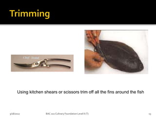 Using kitchen shears or scissors trim off all the fins around the fish
3/18/2022 13
BAC 102 Culinary Foundation Level II (T)
 
