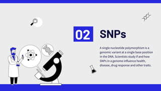 SNPs
02
A single nucleotide polymorphism is a
genomic variant at a single base position
in the DNA. Scientists study if and how
SNPs in a genome influence health,
disease, drug response and other traits.
 