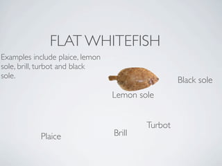 FLAT WHITEFISH
Examples include plaice, lemon
sole, brill, turbot and black
sole. 
                                                  Black sole
                                 Lemon sole


                                         Turbot
            Plaice               Brill
 