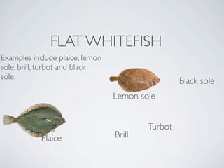 FLAT WHITEFISH
Examples include plaice, lemon
sole, brill, turbot and black
sole. 
                                                  Black sole
                                 Lemon sole


                                         Turbot
            Plaice               Brill
 