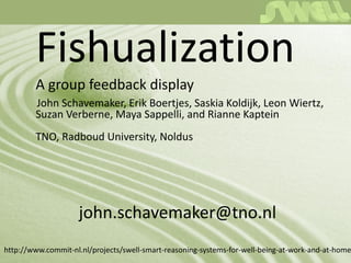 Fishualization
A group feedback display
John Schavemaker, Erik Boertjes, Saskia Koldijk, Leon Wiertz,
Suzan Verberne, Maya Sappelli, and Rianne Kaptein
TNO, Radboud University, Noldus
john.schavemaker@tno.nl
http://www.commit-nl.nl/projects/swell-smart-reasoning-systems-for-well-being-at-work-and-at-home
 