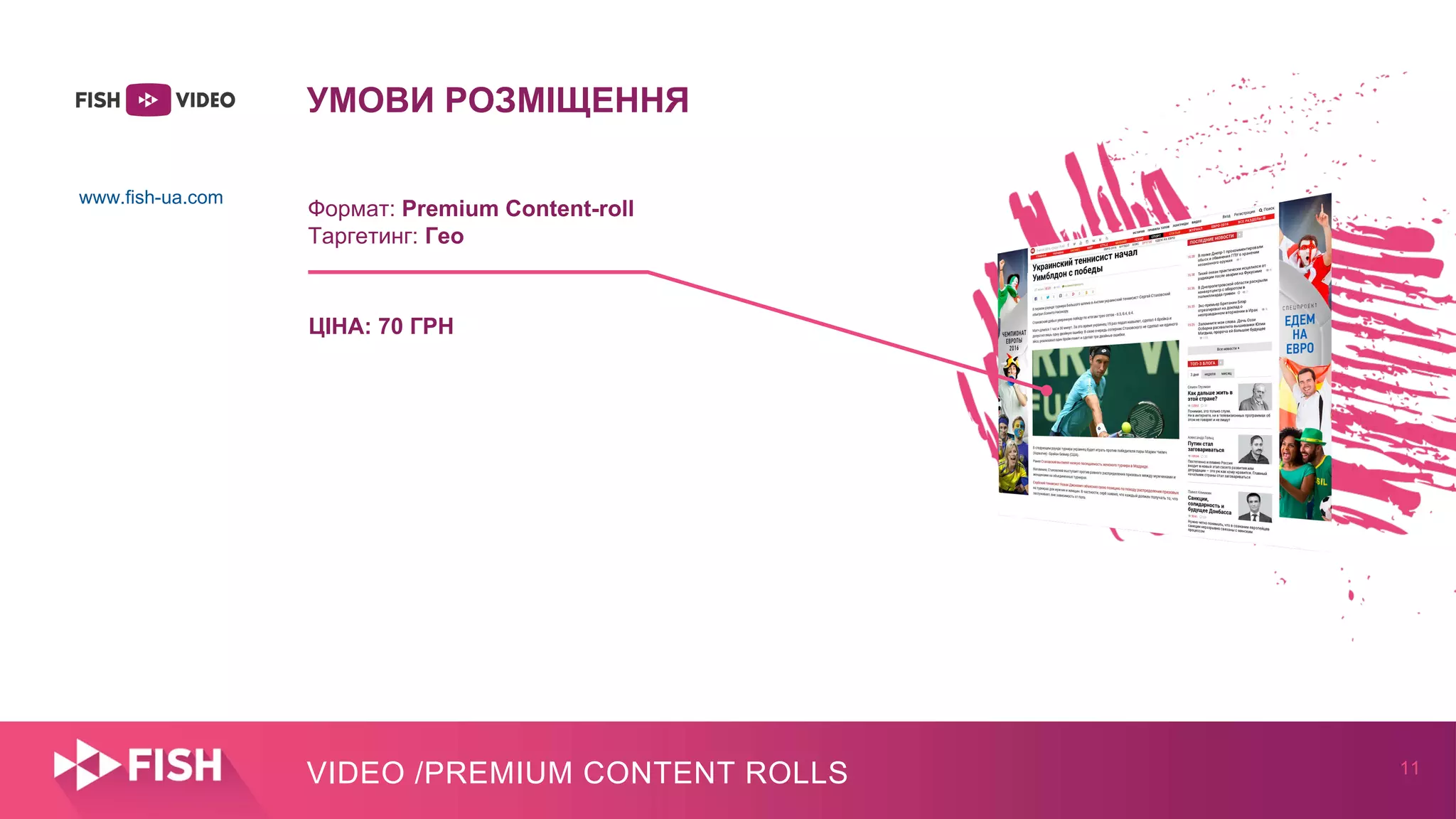 11
УМОВИ РОЗМІЩЕННЯ
www.fish-ua.com
ЦІНА: 70 ГРН
Формат: Premium Content-roll
Таргетинг: Гео
VIDEO /PREMIUM CONTENT ROLLS
 