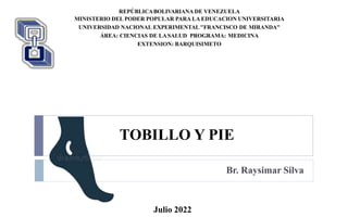TOBILLO Y PIE
Br. Raysimar Silva
REPÚBLICABOLIVARIANA DE VENEZUELA
MINISTERIO DEL PODER POPULAR PARA LA EDUCACION UNIVERSITARIA
UNIVERSIDAD NACIONAL EXPERIMENTAL "FRANCISCO DE MIRANDA"
ÁREA: CIENCIAS DE LASALUD PROGRAMA: MEDICINA
EXTENSION: BARQUISIMETO
Julio 2022
 