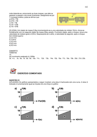 162
mola distende-se, empurrando as duas massas, que dela se
separam e passam a se mover livremente. Designando-se por
T a energia cinética, pode-se afirmar que:
a) 9TA = TB
b) 3TA = TB
c) TA = TB
d) TA = 3TB
e) TA = 9TB
22) (ESAL) Um objeto de massa 5,0kg movimentando-se a uma velocidade de módulo 10m/s, choca-se
frontalmente com um segundo objeto de massa 20kg, parado. O primeiro objeto, após o choque, recua uma
velocidade de módulo igual a 2,0m/s. Desprezando-se o atrito, a velocidade do segundo, após o choque
tem módulo igual a:
a) 2,0 m/s
b) 3,0m/s
c) 4,0 m/s
d) 6,0 m/s
e) 8,0 m/s
GABARITO
TAREFAS
1d.
2a) movimento acelerado b) 100Ns
3d. 4 c. 5c. 6a. 7d. 8d. 9d. 10a. 11c. 12d. 13b. 14e. 15b. 16a. 17c. 18a. 19b. 20d. 21d. 22b.
EXERCÍCIO COMENTADO
QUESTÃO 01:
(UFLA/2003) Os gráficos apresentados a seguir mostram uma área A hachurada sob uma curva. A área A
indicada é numericamente igual ao impulso de uma força no gráfico
 