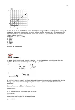 17
QUESTÃO 03: (PUC - RJ-2008) Um veleiro deixa o porto navegando 70 km em direção leste. Em seguida,
para atingir seu destino, navega mais 100 km na direção nordeste. Desprezando a curvatura da terra e
admitindo que todos os deslocamentos são coplanares, determine o deslocamento total do veleiro em
relação ao porto de origem.
(Considere 2 = 1,40 e 5 = 2,20)
a) 106 Km
b) 34 Km
c) 154 Km
d) 284 Km
e) 217 Km
RESPOSTA: Alternativa: C
TAREFA
1) (Mack-1997) Um corpo, que está sob a ação de 3 forças coplanares de mesmo módulo, está em
equilíbrio. Assinale a alternativa na qual esta situação é possível.
2) (UDESC-1998) Um "calouro" do Curso de Física recebeu como tarefa medir o deslocamento de uma
formiga que se movimenta em uma parede plana e vertical. A formiga realiza três deslocamentos
sucessivos:
I) um deslocamento de 20 cm na direção vertical,
parede abaixo;
II) um deslocamento de 30 cm na direção horizontal,
para a direita;
III) um deslocamento de 60 cm na direção vertical,
parede acima.
 