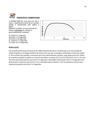 36
0
2
4
6
8
10
12
0 5 10 15 20
Velocidade(m/s)
Tempo (s)
EXERCÍCIO COMENTADO
1) (ENEM/1998) Em uma prova de 100 m
rasos, o desempenho típico de um corredor
padrão é representado pelo gráfico a
seguir:
Baseado no gráfico, em que intervalo de
tempo a velocidade do corredor é
aproximadamente constante?
(F) Entre 0 e 1 segundo.
(G) Entre 1 e 5 segundos.
(H) Entre 5 e 8 segundos.
(I) Entre 8 e 11 segundos.
(J) Entre 12 e 15 segundos.
RESOLUÇÃO
Esta questão de física,que foi da prova de 1998 é bastante fácil de ser resolvida,pois é só uma questão de
análise do gráfico e as opções também não faziam nem com que o estudante confundisse na hora de resolvê-
la. Para resolver esta questão é necessário que você analise bastante o gráfico. Logo depois,para ficar melhor
de entender,complete no gráfico os números que faltam no tempo ( 0,1,2,3,4,5,6,7,8,9,10,11,12,14 e 15). Com
isto feito,você pode observar que entre 0 e 4 segundos a velocidade aumenta,que entre 5 e 8 segundos ela é
praticamente constante e que entre 9 e 15 a velocidade passa à diminuir. Com isso podemos concluir que a
resposta da questão será entre 5 e 8 segundos.
 