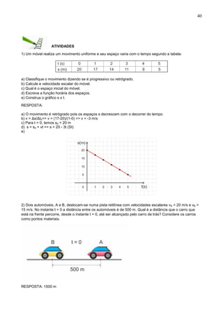 40
ATIVIDADES
1) Um móvel realiza um movimento uniforme e seu espaço varia com o tempo segundo a tabela:
a) Classifique o movimento dizendo se é progressivo ou retrógrado.
b) Calcule e velocidade escalar do móvel.
c) Qual é o espaço inicial do móvel.
d) Escreva a função horária dos espaços.
e) Construa o gráfico s x t.
RESPOSTA:
a) O movimento é retrógrado pois os espaços s decrescem com o decorrer do tempo.
b) v = Δs/Δt0=> v = (17-20)/(1-0) => v = -3 m/s
c) Para t = 0, temos s0 = 20 m
d) s = s0 + vt => s = 20 - 3t (SI)
e)
2) Dois automóveis, A e B, deslocam-se numa pista retilínea com velocidades escalares vA = 20 m/s e vB =
15 m/s. No instante t = 0 a distância entre os automóveis é de 500 m. Qual é a distância que o carro que
está na frente percorre, desde o instante t = 0, até ser alcançado pelo carro de trás? Considere os carros
como pontos materiais.
RESPOSTA: 1500 m
 