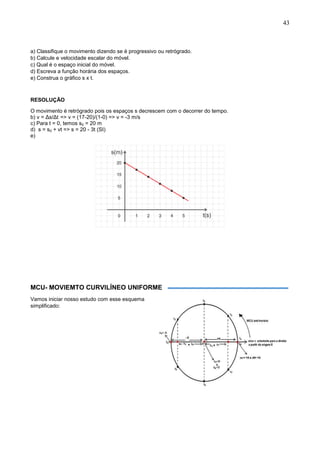 43
a) Classifique o movimento dizendo se é progressivo ou retrógrado.
b) Calcule e velocidade escalar do móvel.
c) Qual é o espaço inicial do móvel.
d) Escreva a função horária dos espaços.
e) Construa o gráfico s x t.
RESOLUÇÃO
O movimento é retrógrado pois os espaços s decrescem com o decorrer do tempo.
b) v = Δs/Δt0=> v = (17-20)/(1-0) => v = -3 m/s
c) Para t = 0, temos s0 = 20 m
d) s = s0 + vt => s = 20 - 3t (SI)
e)
MCU- MOVIEMTO CURVILÍNEO UNIFORME
Vamos iniciar nosso estudo com esse esquema
simplificado:
 