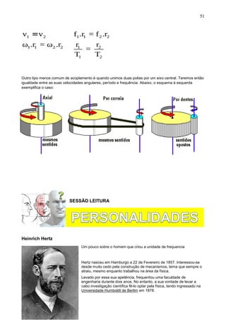 51
Outro tipo menos comum de acoplamento é quando unimos duas polias por um eixo central. Teremos então
igualdade entre as suas velocidades angulares, período e frequência. Abaixo, o esquema à esquerda
exemplifica o caso:
SESSÃO LEITURA
Heinrich Hertz
Um pouco sobre o homem que criou a unidade de frequencia
Hertz nasceu em Hamburgo a 22 de Fevereiro de 1857. Interessou-se
desde muito cedo pela construção de mecanismos, tema que sempre o
atraiu, mesmo enquanto trabalhou na área da física.
Levado por essa sua apetência, frequentou uma faculdade de
engenharia durante dois anos. No entanto, a sua vontade de levar a
cabo investigação científica fê-lo optar pela física, tendo ingressado na
Universidade Humboldt de Berlim em 1878.
 