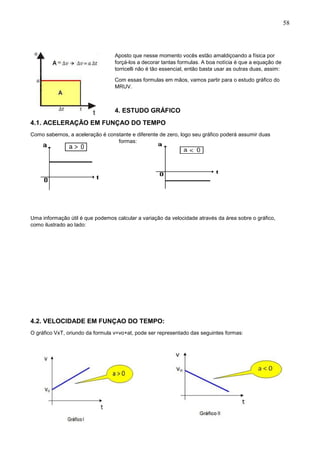 58
Aposto que nesse momento vocês estão amaldiçoando a física por
forçá-los a decorar tantas formulas. A boa notícia ė que a equação de
torricelli não é tão essencial, então basta usar as outras duas, assim:
Com essas formulas em mãos, vamos partir para o estudo gráfico do
MRUV.
4. ESTUDO GRÁFICO
4.1. ACELERAÇÃO EM FUNÇAO DO TEMPO
Como sabemos, a aceleração é constante e diferente de zero, logo seu gráfico poderá assumir duas
formas:
Uma informação útil é que podemos calcular a variação da velocidade através da área sobre o gráfico,
como ilustrado ao lado:
4.2. VELOCIDADE EM FUNÇAO DO TEMPO:
O gráfico VxT, oriundo da formula v=vo+at, pode ser representado das seguintes formas:
 