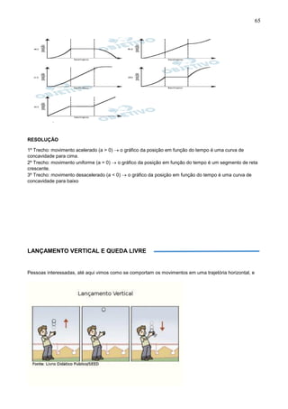 65
RESOLUÇÃO
1º Trecho: movimento acelerado (a > 0)  o gráfico da posição em função do tempo é uma curva de
concavidade para cima.
2º Trecho: movimento uniforme (a = 0)  o gráfico da posição em função do tempo é um segmento de reta
crescente.
3º Trecho: movimento desacelerado (a < 0)  o gráfico da posição em função do tempo é uma curva de
concavidade para baixo
LANÇAMENTO VERTICAL E QUEDA LIVRE
Pessoas interessadas, até aqui vimos como se comportam os movimentos em uma trajetória horizontal, e
 