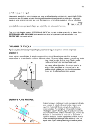 91
m.v² / R = m .g --> v² = g .R
Na equação resultante, a unica incognita que pode ser alterada pelos motoqueiros é a velocidade. Então,
percebemos que é graças á um valor de velocidade que os motoqueiros nao se acidantam, valor esse
capaz de gerar uma normal maior que zero. Como zeramos a normal na equação, o valor da velocidade
encontrado é menor valor possivel para que o individuo não caia. Assim, teremos:
Esse raciocínio é valido para um REFERENCIAL INERCIAL, ou seja, o globo ou alguém na plateia. Para
REFERENCIAIS NÃO INERCIAIS, como a moto ou o piloto, a força que impede a queda é a força
CENTRIFUGA, como visto acima.
DIAGRAMA DE FORÇAS
Agora que já estudamos as principais forças, podemos ver alguns esquemas comuns em provas:
EXEMPLO 1:
Nosso primeiro exemplo trata de alguém empurrando um bloco. Nesse tipo de exercício, temos de
esquematizar as forças atuantes no bloco, objeto de estudo . Devemos colocar o peso, a normal, que nesse
caso é igual ao valor da força peso. Alguém então
realiza uma força F, de valor igual ao produto
da massa pela aceleração, e de modulo superior ao
atrito cinético, se o bloco se move, ou inferior ao
estático, se ele está parado. Lembrando que essas
forças tem direção igual e sentidos opostos
EXEMPLO 2: PLANO INCLINADO.
Ao lado temos um modelo conhecido como plano inclinado,
onde o objeto de estudo não se encontra mais um uma
superfície horizontal. Nesse exemplo, temos de tomar
certos cuidados. Por exemplo, o vetor peso tem direção
voltada para o centro da terra, logo ele será perpendicular
à superfície horizontal, e não a inclinada. Logo, teremos de
descobrir as componentes do peso que se relacionam à
superfície de apoio, paralela e perpendicular a ele. Vamos
usar a decomposição de forças para utilizar Py e Px, e o
angulo entre Py e P será igual ao angulo entre os planos,
 