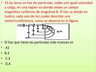 22.Se lanza un haz de partículas, todas con igual velocidad y carga, en una región en donde existe un campo magnético uniforme de magnitud B. El haz se divide en cuatro, cada uno de los cuales describe una semicircunferencia, como se observa en la figuraEl haz que tiene las partículas más masivas es A1 B.2 C.3 D.4