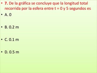 7. De la gráfica se concluye que la longitud total recorrida por la esfera entre t = 0 y 5 segundos esA. 0 B. 0.2 m C. 0.1 m D. 0.5 m