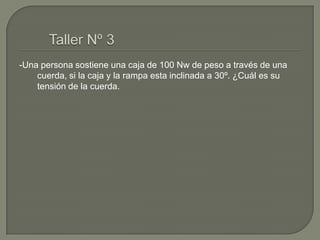 Taller Nº 3-Una persona sostiene una caja de 100 Nw de peso a través de una cuerda, si la caja y la rampa esta inclinada a 30º. ¿Cuál es su tensión de la cuerda.