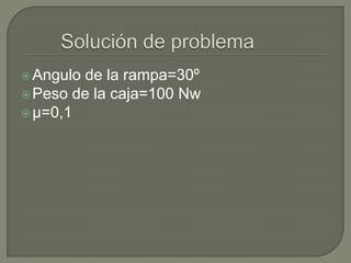    Solución de problemaAngulo de la rampa=30ºPeso de la caja=100 Nwµ=0,1