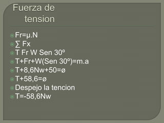 Fuerza de tensionFr=µ.N∑ FxT Fr W Sen 30ºT+Fr+W(Sen 30º)=m.aT+8,6Nw+50=øT+58,6=øDespejo la tencionT=-58,6Nw
