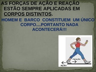 AS FORÇAS DE AÇÃO E REAÇÃO  ESTÃO SEMPRE APLICADAS EM  CORPOS DISTINTOS . HOMEM E  BARCO  CONSTITUEM  UM ÚNICO CORPO ....PORTANTO NADA ACONTECERÁ!!! 