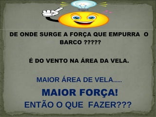 DE ONDE SURGE A FORÇA QUE EMPURRA  O BARCO ????? É DO VENTO NA ÁREA DA VELA. MAIOR ÁREA DE VELA ...... MAIOR FORÇA! ENTÃO O QUE  FAZER??? 