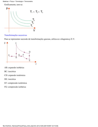 Matérias > Física > Termologia > Termometria

  Graficamente, tem-se:




  Transformações sucessivas
  Para se representar sucessão de transformações gasosas, utiliza-se o diagrama p X V.




  AB: expansão isobárica
  BC: isocórica
  CD: expansão isotérmica
  DE: isocórica
  EF: compressão isotérmica
  FG: compressão isobárica




file:///C|/html_10emtudo/Fisica/Fisica_html_total.htm (25 of 220) [05/10/2001 22:10:25]
 