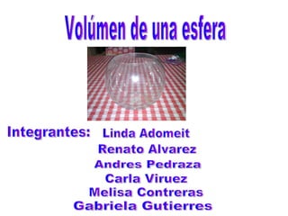Volúmen de una esfera Integrantes: Linda Adomeit Renato Alvarez Andres Pedraza Carla Viruez Melisa Contreras Gabriela Gutierres 