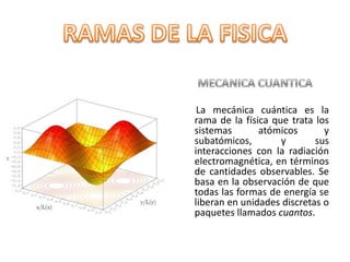 MECANICA CUANTICA      La mecánica cuántica es la rama de la física que trata los sistemas atómicos y subatómicos, y sus interacciones con la radiación electromagnética, en términos de cantidades observables. Se basa en la observación de que todas las formas de energía se liberan en unidades discretas o paquetes llamados cuantos. RAMAS DE LA FISICA