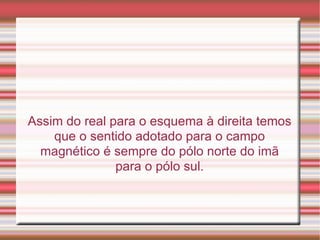 Assim do real para o esquema à direita temos que o sentido adotado para o campo magnético é sempre do pólo norte do imã para o pólo sul. 