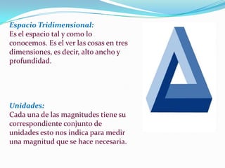 Espacio Tridimensional:
Es el espacio tal y como lo
conocemos. Es el ver las cosas en tres
dimensiones, es decir, alto ancho y
profundidad.




Unidades:
Cada una de las magnitudes tiene su
correspondiente conjunto de
unidades esto nos indica para medir
una magnitud que se hace necesaria.
 