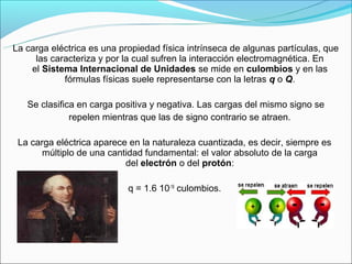  
     La carga eléctrica es una propiedad física intrínseca de algunas partículas, que 
          las caracteriza y por la cual sufren la interacción electromagnética. En 
         el Sistema Internacional de Unidades se mide en culombios y en las 
                 fórmulas físicas suele representarse con la letras q o Q.

       Se clasifica en carga positiva y negativa. Las cargas del mismo signo se
                   repelen mientras que las de signo contrario se atraen.
                                              
     La carga eléctrica aparece en la naturaleza cuantizada, es decir, siempre es 
           múltiplo de una cantidad fundamental: el valor absoluto de la carga 
                                del electrón o del protón:

                                 q = 1.6 10-19 culombios.
 
