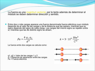      La fuerza es una magnitud vectorial, por lo tanto además de determinar el 
  módulo se deben determinar dirección y sentido.



 Entre dos o más cargas aparece una fuerza denominada fuerza eléctrica cuyo módulo 
  depende de el valor de las cargas y de la distancia que las separa, mientras que su 
  signo depende del signo de cada carga. Las cargas del mismo signo se repelen entre 
  sí, mientras que las de distinto signo se atraen.




  La fuerza entre dos cargas se calcula como:




  q1, q2 = Valor de las cargas 1 y 2
  d = Distancia de separación entre las cargas
  Fe = Fuerza eléctrica
 
