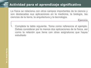 Actividad para el aprendizaje significativo

                     La física se relaciona con otros campos importantes de la ciencia y
                     son destacadas sus aplicaciones en la medicina, la biología, las
                     ciencias de la tierra, la arquitectura y la tecnología.
                                                                               Ejercicio

                     1. Completa la tabla siguiente. Toma como referencia el ejemplo.
                        Debes considerar por lo menos dos aplicaciones de la física, así
                        como la relación que tiene con otras asignaturas que hayas
                        estudiado
M. C. Erick Flores
 