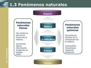 1.3 Fenómenos naturales

                                         Espacio


                       Fenómenos
                        naturales                      Fenómenos
                                         Materia        naturales
                         físicos
                                                        químicos
                       •No cambia la
                       estructura                      •Se producen
                       interna de la                   cambios en la
                       materia.        La naturaleza   composición de
                                                       la materia.
                       •Huracanes
                       •Rayos                          •Combustión
                       •Movimiento                     •Fotosíntesis
M. C. Erick Flores




                       •Imágenes en                    •Digestión
                                         Energía
                       espejos                         •Oxidación
                       •Calor




                                         Tiempo
 