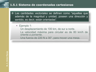 1.5.1 Sistema de coordenadas cartesianas


                      Las cantidades vectoriales se definen como “aquellas que
                       además de la magnitud y unidad, poseen una dirección y
                       sentido, es decir, están orientadas”.

                         Ejemplo 1:
                           Un desplazamiento de 100 km, de sur a norte.
                           La velocidad máxima para circular es de 80 km/h de
                           oriente a poniente.
                           Una fuerza de 220 N a 30°, para mover una mesa.
M. C. Erick Flores
 