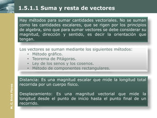 1.5.1.1 Suma y resta de vectores

                     Hay métodos para sumar cantidades vectoriales. No se suman
                     como las cantidades escalares, que se rigen por los principios
                     de algebra, sino que para sumar vectores se debe considerar su
                     magnitud, dirección y sentido, es decir la orientación que
                     tengan.

                     Los vectores se suman mediante los siguientes métodos:
                         • Método gráfico.
                         • Teorema de Pitágoras.
                         • Ley de los senos y los cosenos.
                         • Método de componentes rectangulares.

                     Distancia: Es una magnitud escalar que mide la longitud total
                     recorrida por un cuerpo físico.
M. C. Erick Flores




                     Desplazamiento: Es una magnitud vectorial que mide la
                     longitud desde el punto de inicio hasta el punto final de un
                     recorrido.
 