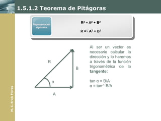 1.5.1.2 Teorema de Pitágoras

                          Representación
                                                   R2 = A2 + B2
                            algebraica
                                                   R =√ A2 + B2



                                                        Al ser un vector es
                                                        necesario calcular la
                                                        dirección y lo haremos
                                      R                 a través de la función
                                               B        trigonométrica de la
                                                        tangente:

                                           α            tan α = B/A
                                                        α = tan-1 B/A
M. C. Erick Flores




                                           A
 