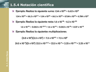 1.5.4 Notación científica
                        Ejemplo: Realiza la siguiente suma: 1.54 x 1020 + 6.63 x 1021
                        1.54 x 1020 + 66.3 x 1021-1 = 1.54 x 1020 + 66.3 x 1020 = 67.84 x 1020 = 6.784 x 1021

                        Ejemplo: Realiza la siguiente resta: 1.6 x 10-18 - 6.3 x 10-20
                             1.6 x 10-18 – 0.063 x 10-20+2 = 1.6 x 10-18 – 0.063 x 10-18 = 1.537 x 10-18
                        Ejemplo: Realiza la siguientes multiplicaciones:

                              (3.0 x 103)(2.5 x 105) = 7.5 x 103+5 = 7.5 x 108
                       (4.5 x 10-6)(5 x 102) 22.5 x 10-6+2 = 22.5 x 10-4 = 2.25 x 10-4+1 = 2.25 x 10-3
M. C. Erick Flores
 