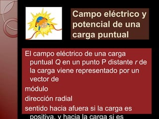 Campo eléctrico y
               potencial de una
               carga puntual

El campo eléctrico de una carga
  puntual Q en un punto P distante r de
  la carga viene representado por un
  vector de
módulo
dirección radial
sentido hacia afuera si la carga es
 