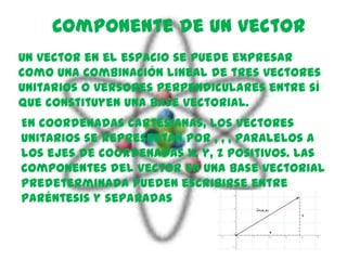 Componente de un vector
Un vector en el espacio se puede expresar
como una combinación lineal de tres vectores
unitarios o versores perpendiculares entre sí
que constituyen una base vectorial.
En coordenadas cartesianas, los vectores
unitarios se representan por , , , paralelos a
los ejes de coordenadas x, y, z positivos. Las
componentes del vector en una base vectorial
predeterminada pueden escribirse entre
paréntesis y separadas
 