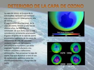 La capa de ozono es la zona de la
estratosfera terrestre que contiene
una concentración relativamente alta
de ozono.
El seguimiento observacional de la
capa de ozono, llevado a cabo en los
últimos años, ha llegado a la
conclusión de que dicha capa puede
considerarse seriamente amenazada.
El grave desgaste de la capa de ozono
provocará el aumento de los casos de
melanomas de piel, de cataratas
oculares, supresión del sistema
inmunitario en humanos y en otras
especies. También afectará a los
cultivos sensibles a radiaciones
ultravioletas. Para preservar la capa de
ozono hay que disminuir a cero el uso
de compuestos químicos como los
clorofluorocarburatos y fungicidas de
suelo.
 